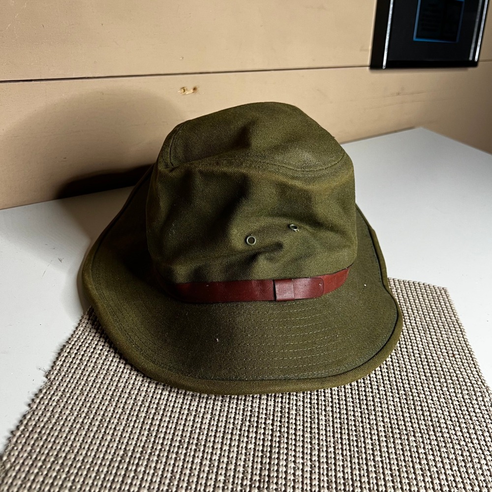Orvis Mens XL Green Canvas Wide Brim Bucket Hat Leather Band Made in USA